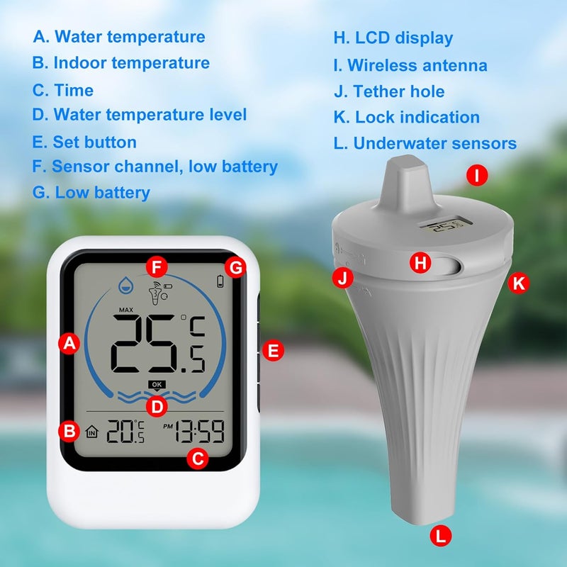 VISLONE Pool Thermometer with Temperature Sensor for Pool Fish Tank Bathtub Swimming Pool 12/24-Hour Time Format Record Highest Lowest Outdoor Temperature℃/℉ switchable - Image 5
